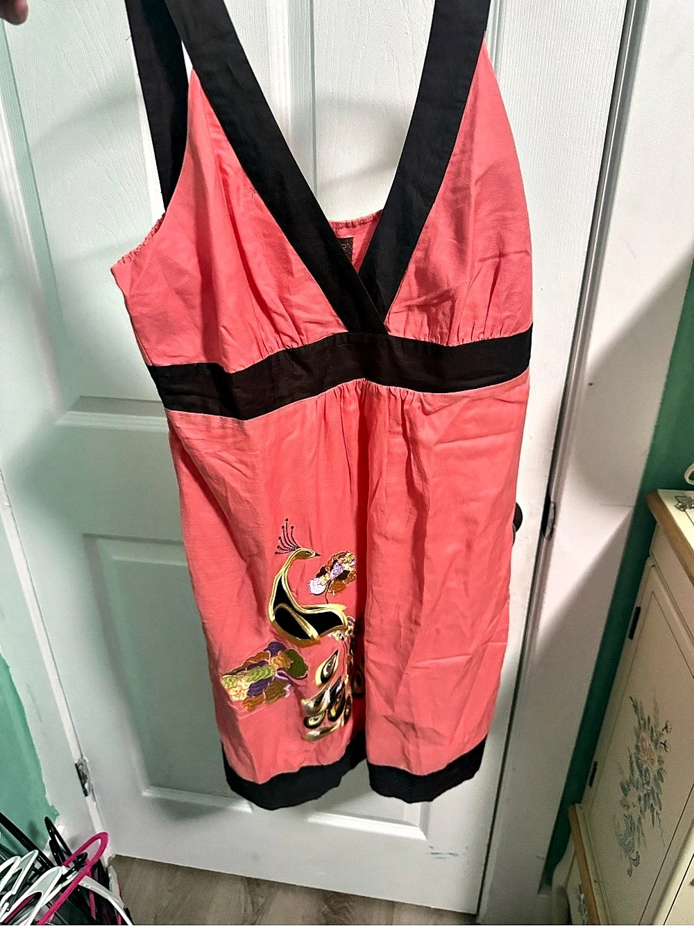 Forever 21 Embroidered Color Block vintage babydoll silk dress Size Medium